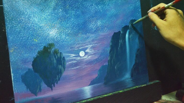 Acrylic Landscape Painting Lesson – Fantasy Moonlight with waterfalls and floating islands