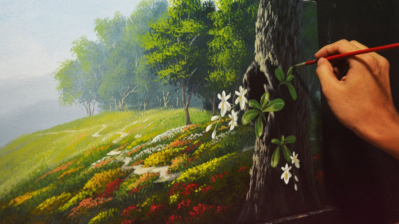 Acrylic Landscape Painting Lesson – Garden and Orchids by JMLisondra