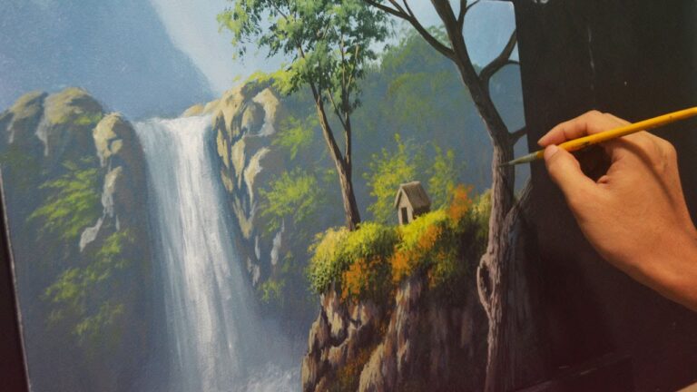Acrylic Landscape Painting Lesson – House Beside the Waterfalls by JMLisondra
