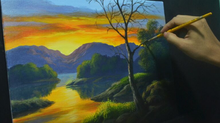 Acrylic Landscape Painting Lesson – How to Paint Sunset River and Reflections by JMLisondra