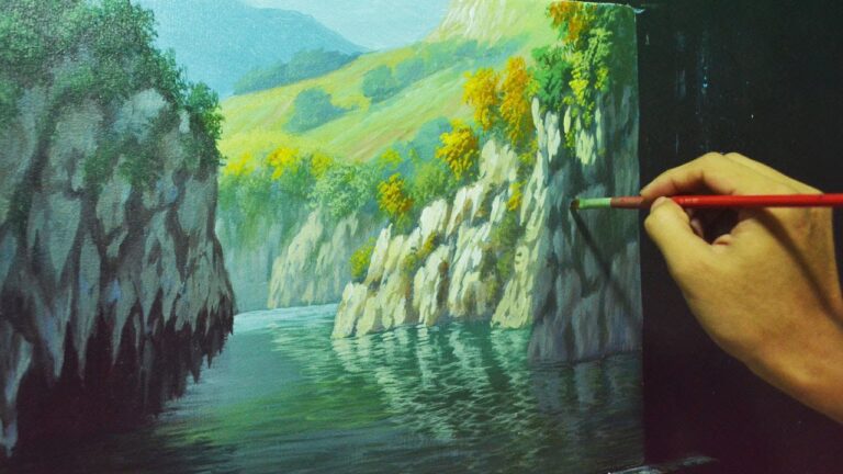 Acrylic Landscape Painting Lesson – Rocky Cliffs and River by JMLisondra