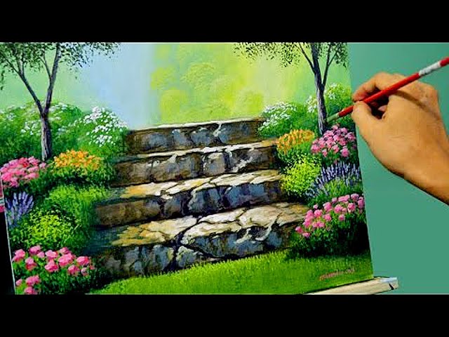 Acrylic Landscape Painting Lesson – Stairway to Flower Garden by JMLisondra