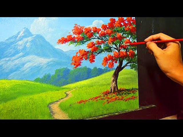 Acrylic Landscape Painting Lesson – The Fire Tree by JMLisondra