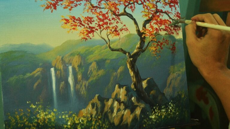 Acrylic Landscape Painting Tutorial – Autumn Red Tree with Twin Waterfalls by JM Lisondra