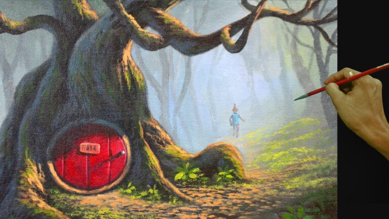 Acrylic Landscape Painting Tutorial | Hobbit House Under the Tree Roots in Misty Forest
