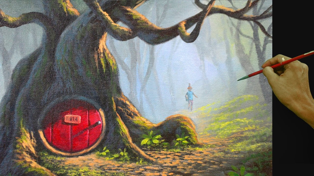 Acrylic Landscape Painting Tutorial | Hobbit House Under the Tree Roots in Misty Forest