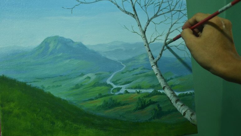 Acrylic Landscape Painting Tutorial – Overlooking View with mountains Valley River and a Tree