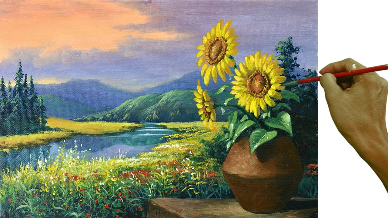 Acrylic Landscape Painting Tutorial | Sunflowers on Vase | Step by Step Painting for Beginners