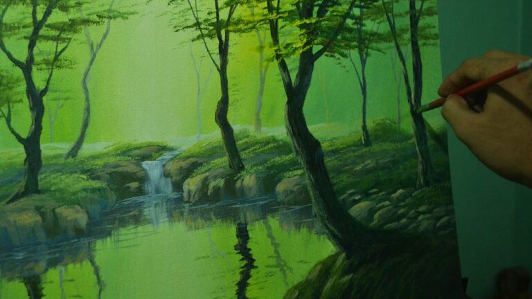 Acrylic Landscape Painting Tutorial – The Misty Forest with a River and water reflections