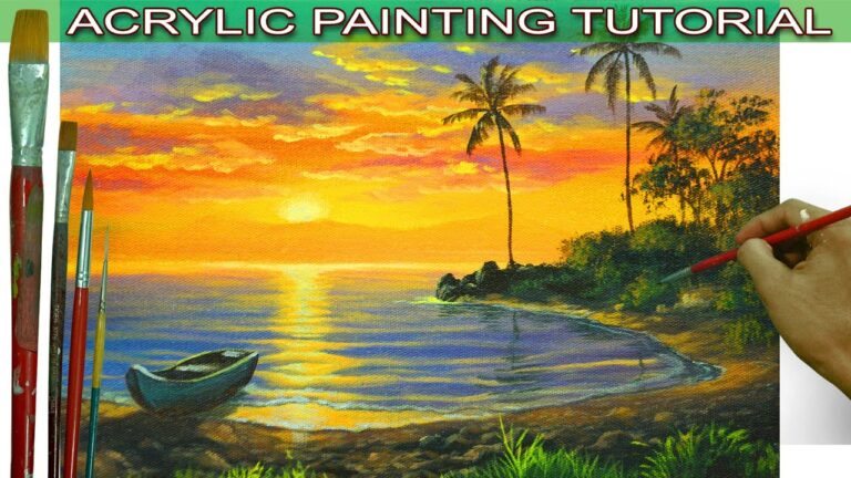 Acrylic Landscape Painting Tutorial Tropical Sunset with Boat on Lake and Palm Trees