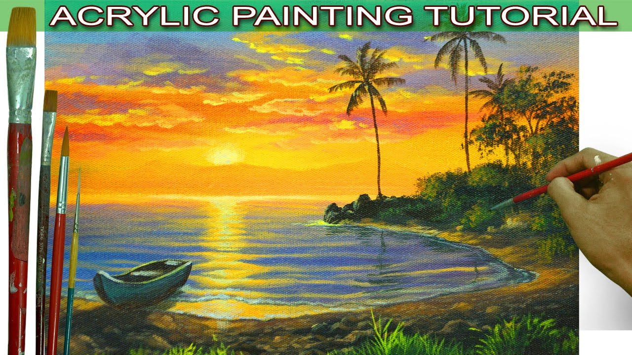 Acrylic Landscape Painting Tutorial Tropical Sunset with Boat on Lake and Palm Trees