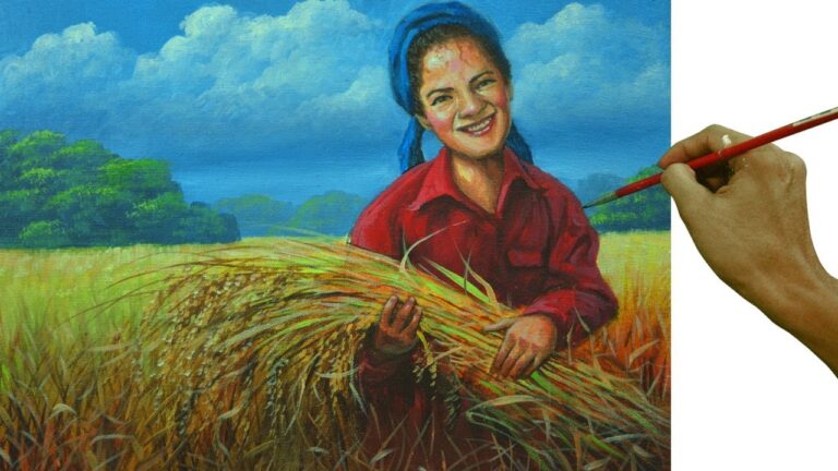 Acrylic Landscape Painting Tutorial | Woman Harvesting Rice by JM Lisondra