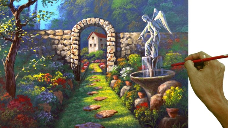 Acrylic Landscape Painting in Time-lapse / Angel Statue in the Garden / JM Lisondra