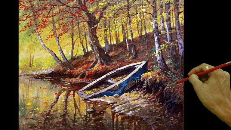 Acrylic Landscape Painting in Time-lapse / Autumn in River with Broken Boat / JMLisondra