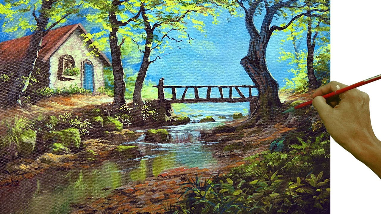 Acrylic Landscape Painting in Time-lapse / Cabin and Bridge / JMLisondra