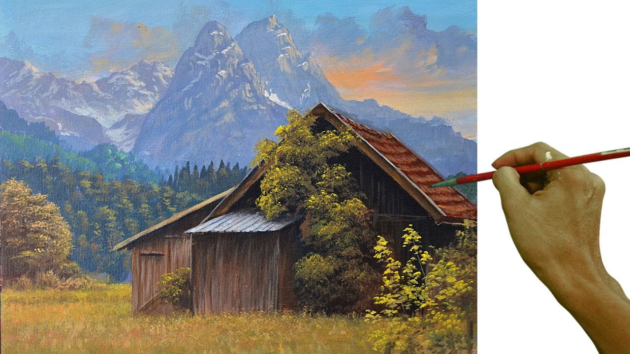 Acrylic Landscape Painting in Time-lapse / Cabin in the Field / JMLisondra