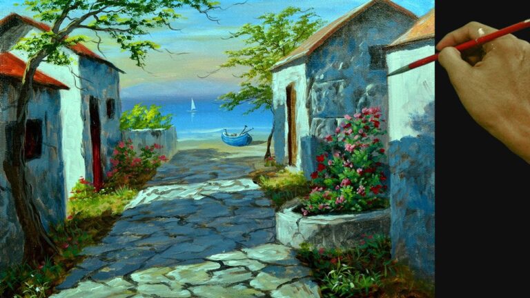 Acrylic Landscape Painting in Time-lapse / Concrete Village Houses Near the Beach / JMLisondra