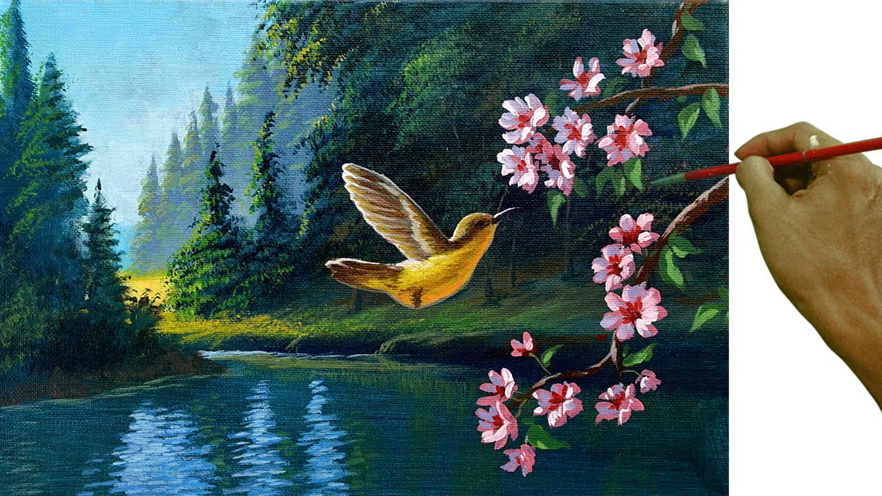 Acrylic Landscape Painting in Time-lapse / Humming Bird and Cherry Blossom / JMLisondra