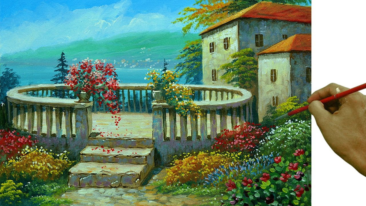 Acrylic Landscape Painting in Time-lapse / Italian Villa with Garden / JMLisondra