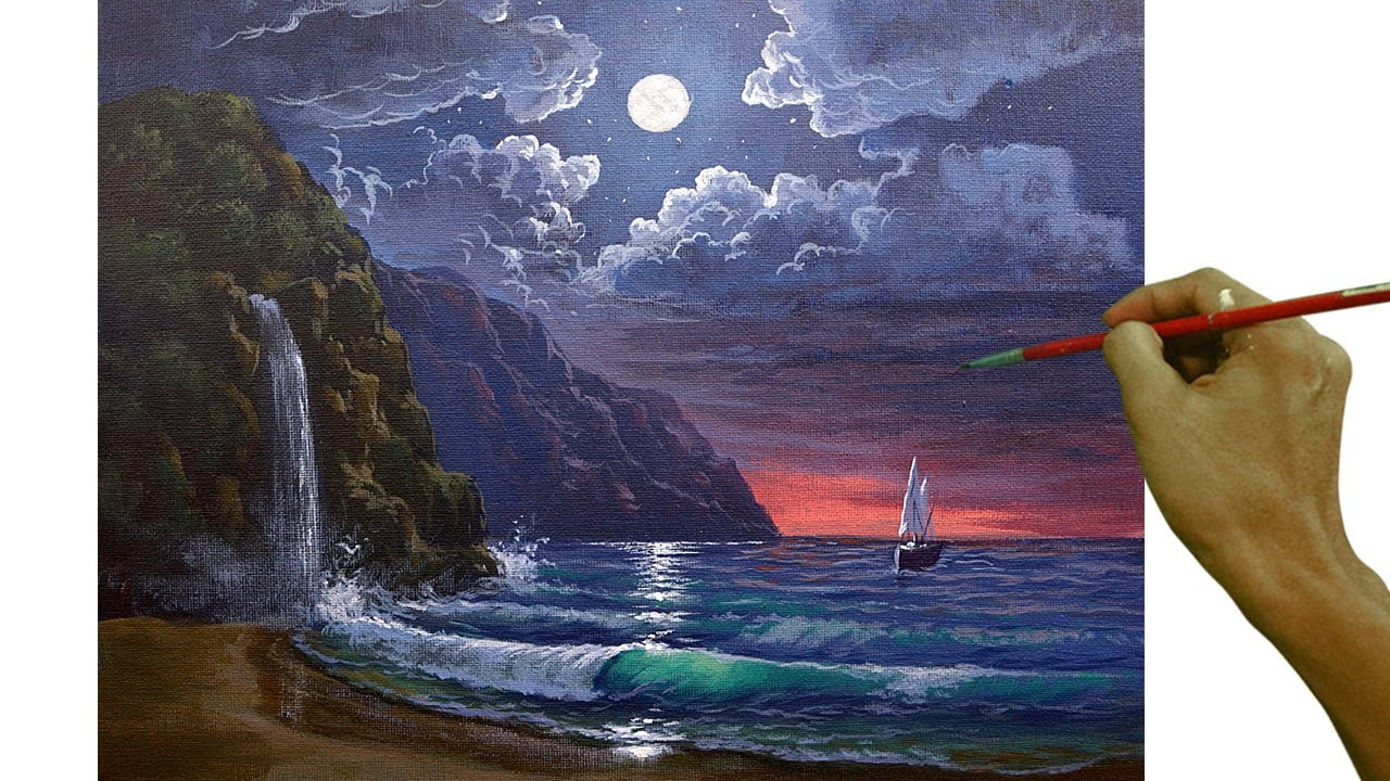 Acrylic Landscape Painting in Time-lapse / Moonlight on the Beach / JMLisondra