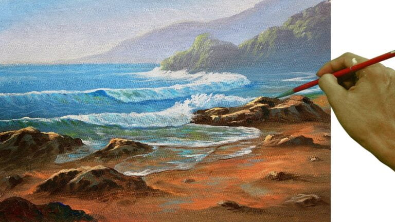 Acrylic Landscape Painting in Time-lapse / Morning at Beach with Crashing Waves / JMLisondra