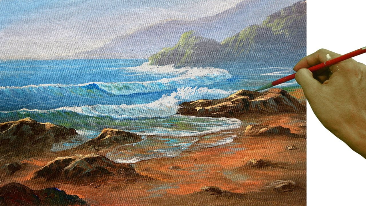 Acrylic Landscape Painting in Time-lapse / Morning at Beach with Crashing Waves / JMLisondra