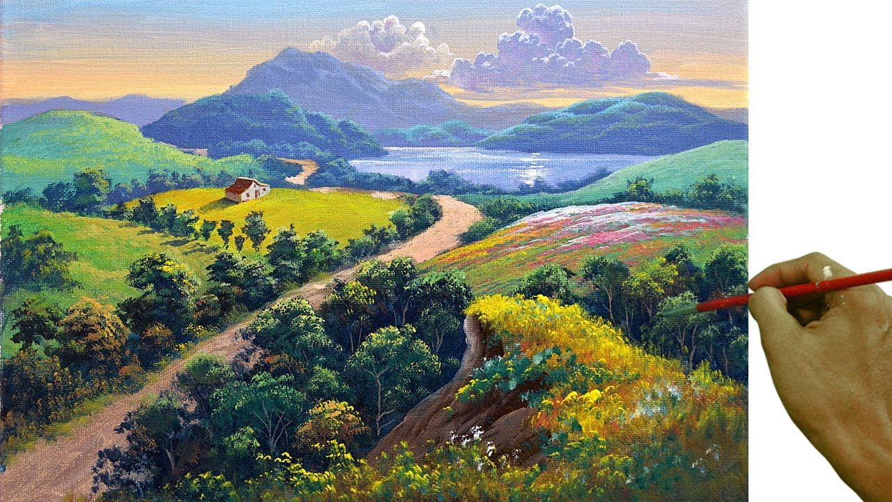 Acrylic Landscape Painting in Time-lapse / Overlooking Dirt Road to Lake / JMLisondra