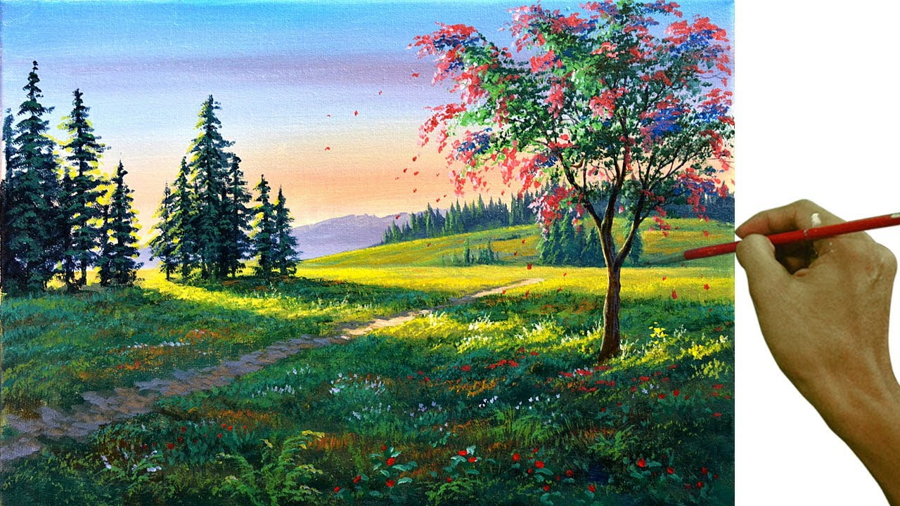 Acrylic Landscape Painting in Time-lapse / Pink Flowering Tree in Spring / JMLisondra