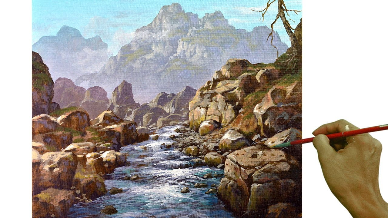 Acrylic Landscape Painting in Time-lapse / Rocky River / JMLisondra