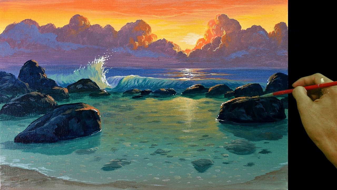 Acrylic Landscape Painting in Time-lapse / Sunset on Shallow Beach / JMLisondra