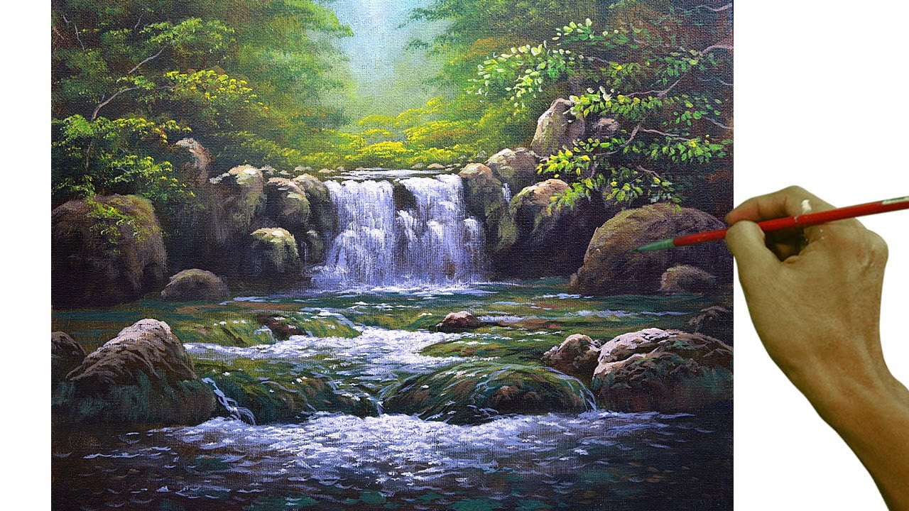 Acrylic Landscape Painting in Time-lapse / Waterfalls and Rushing River in the Forest / JMLisondra