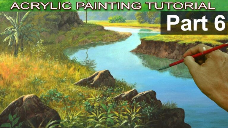 Acrylic Landscape Painting on Bigger Canvas | Adding Bushes, Grasses, Bananas and Rocks | Part 6