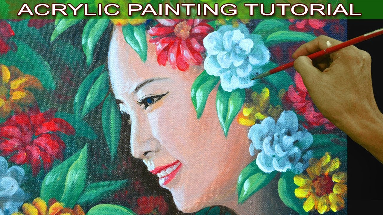 Acrylic Painting Tutorial Portrait of Beautiful Lady with Flowers by JM Lisondra