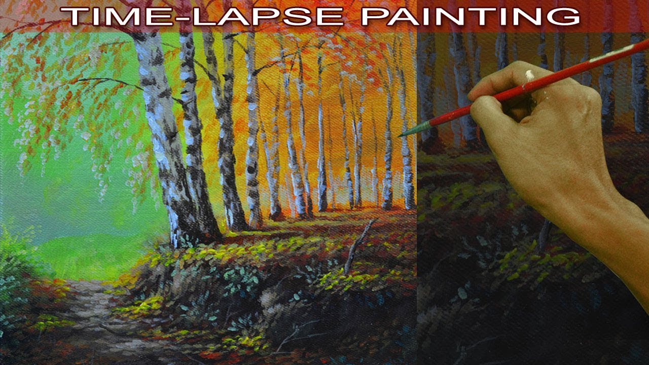 Acrylic Painting in Time Lapse Autumn Birch Tree Forest by JM Lisondra
