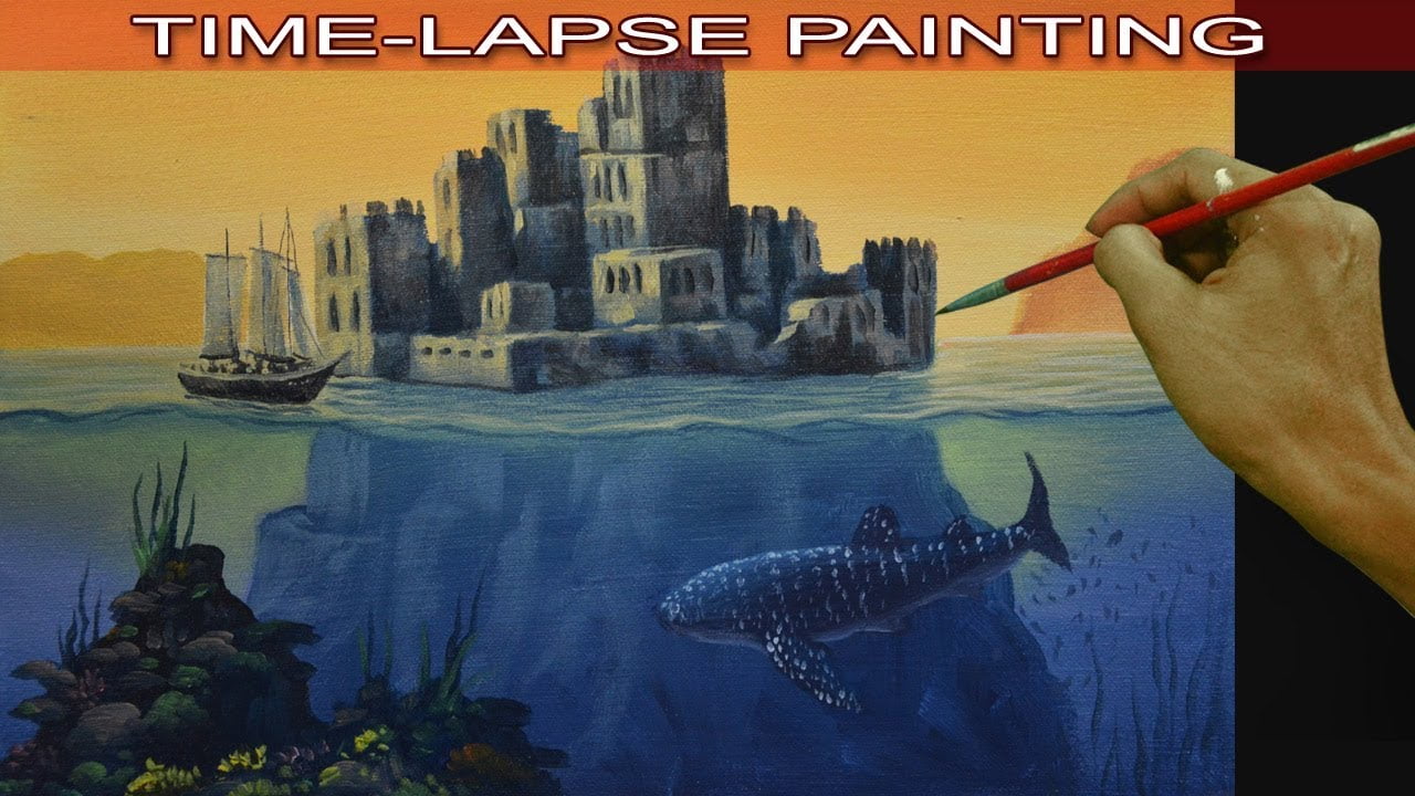 Acrylic Painting in Time Lapse-Surreal Seascape with Castle, Sailing Ship and Underwater Whale Shark