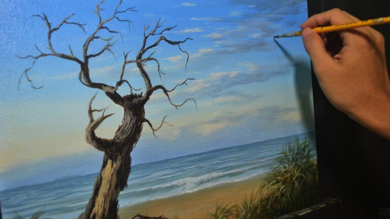 Acrylic Seascape Painting Lesson – Old Tree in the Beach in Step by Step Tutorial by JMLisondra