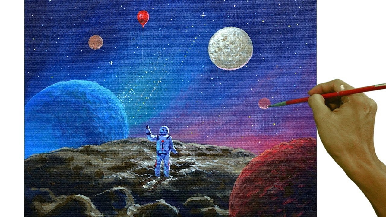 Acrylic Surreal Landscape Painting in Time-lapse / Astronaut in Space / JMLisondra
