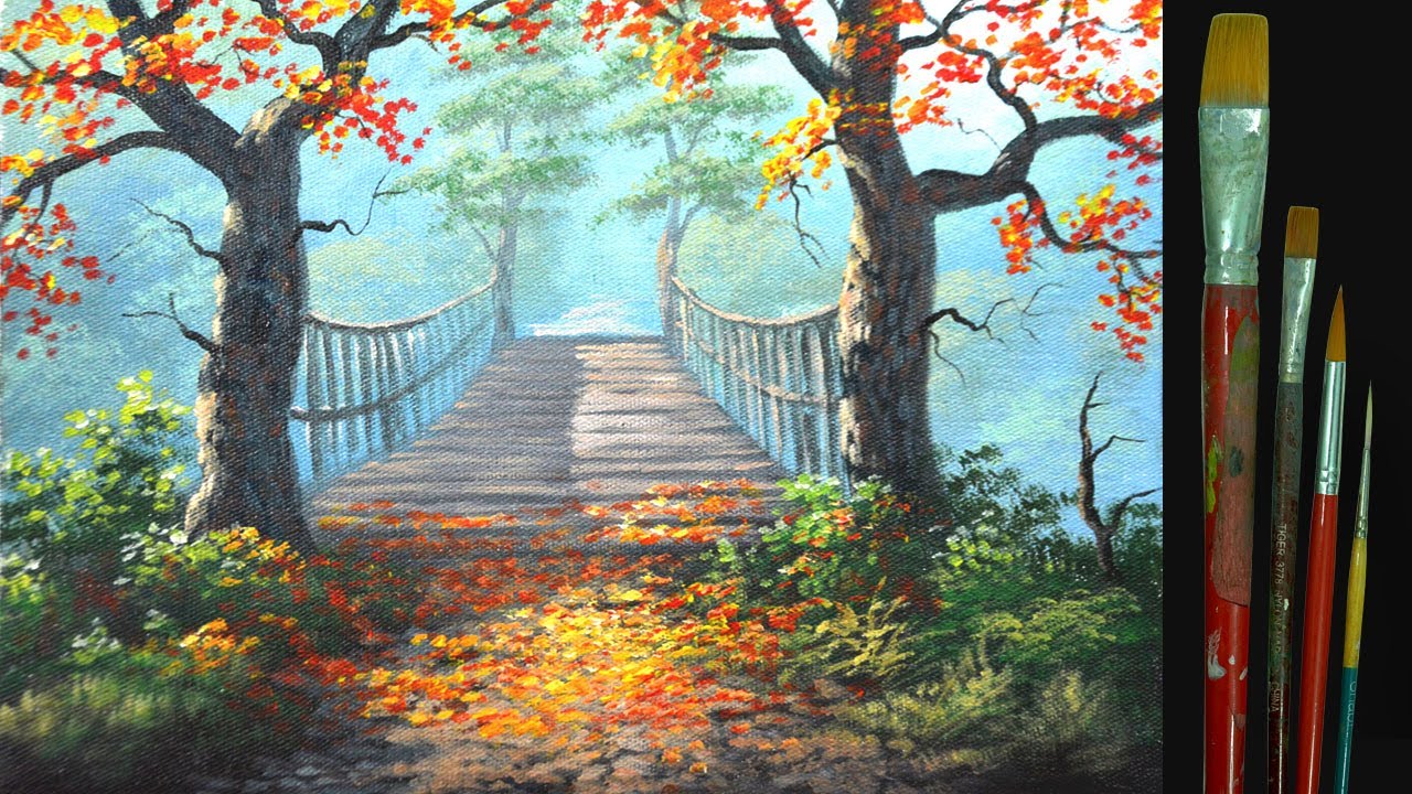 HOW TO PAINT AUTUMN LANDSCAPE with Trees on Hanging Bridge by JM Lisondra