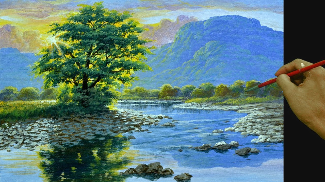HOW TO PAINT Realistic Landscape with Sunlight shines on the River in Acrylics