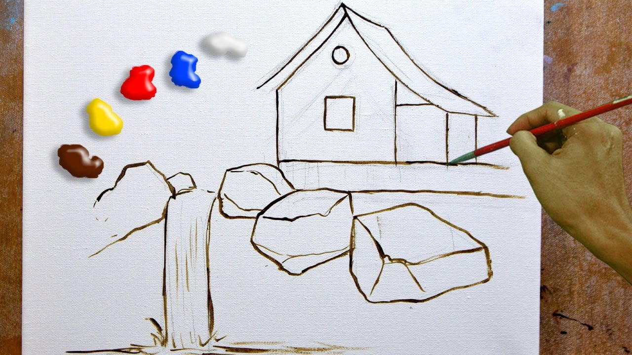 How to Paint Landscape with a House and Waterfalls in Acrylics / JMLisondra