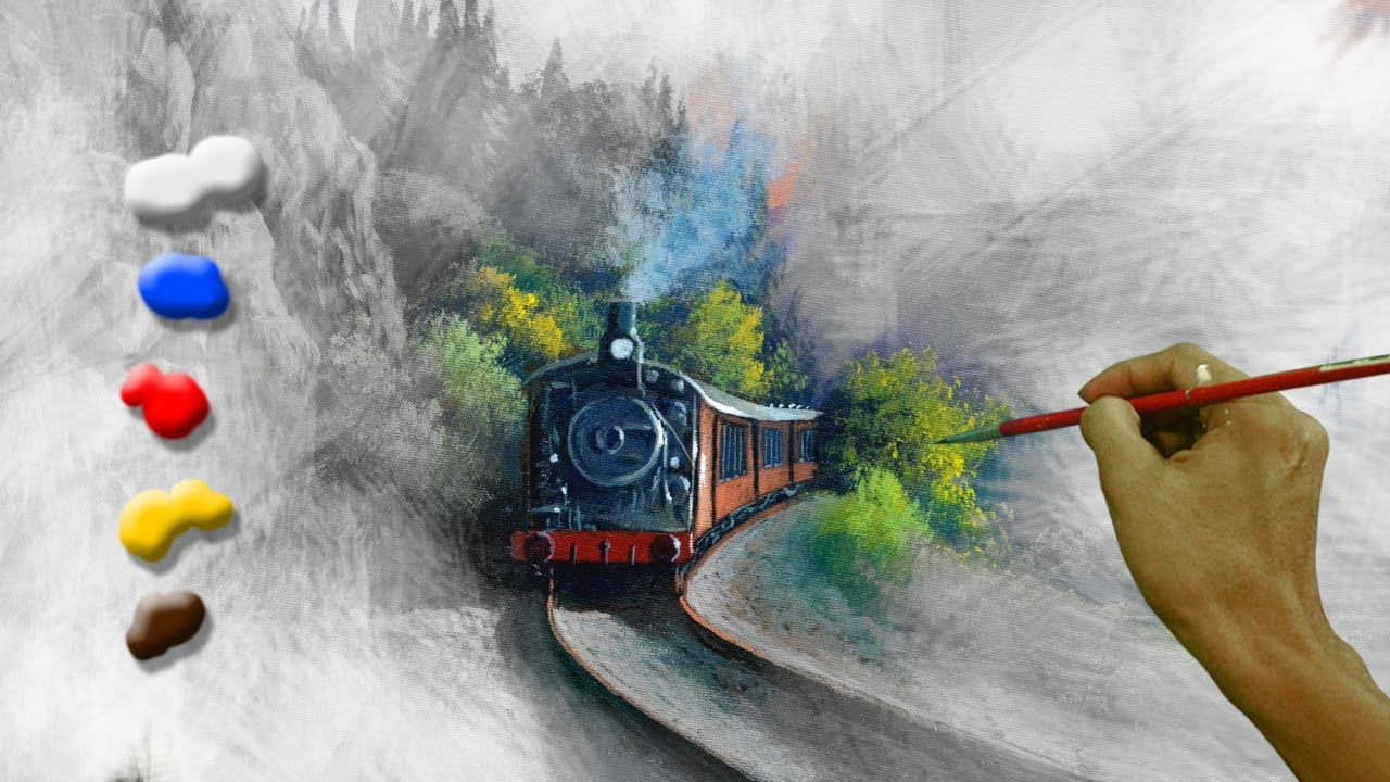 How to Paint Landscape with a Train in Acrylics / Time-lapse / JMLisondra