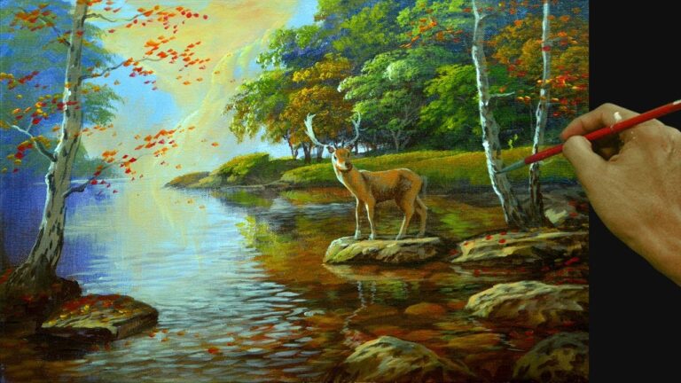 How to Paint Realistic Landscape with Shallow River and Deer in Acrylic