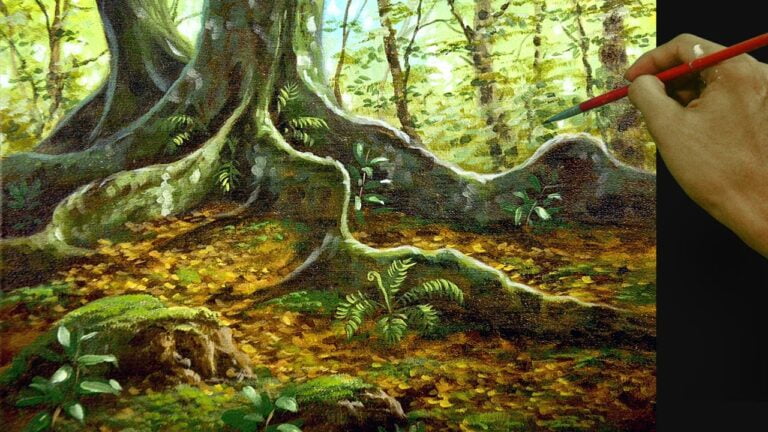 How to Paint Tropical Forest Floor with Big Tree / Basic Acrylic Painting Tutorial