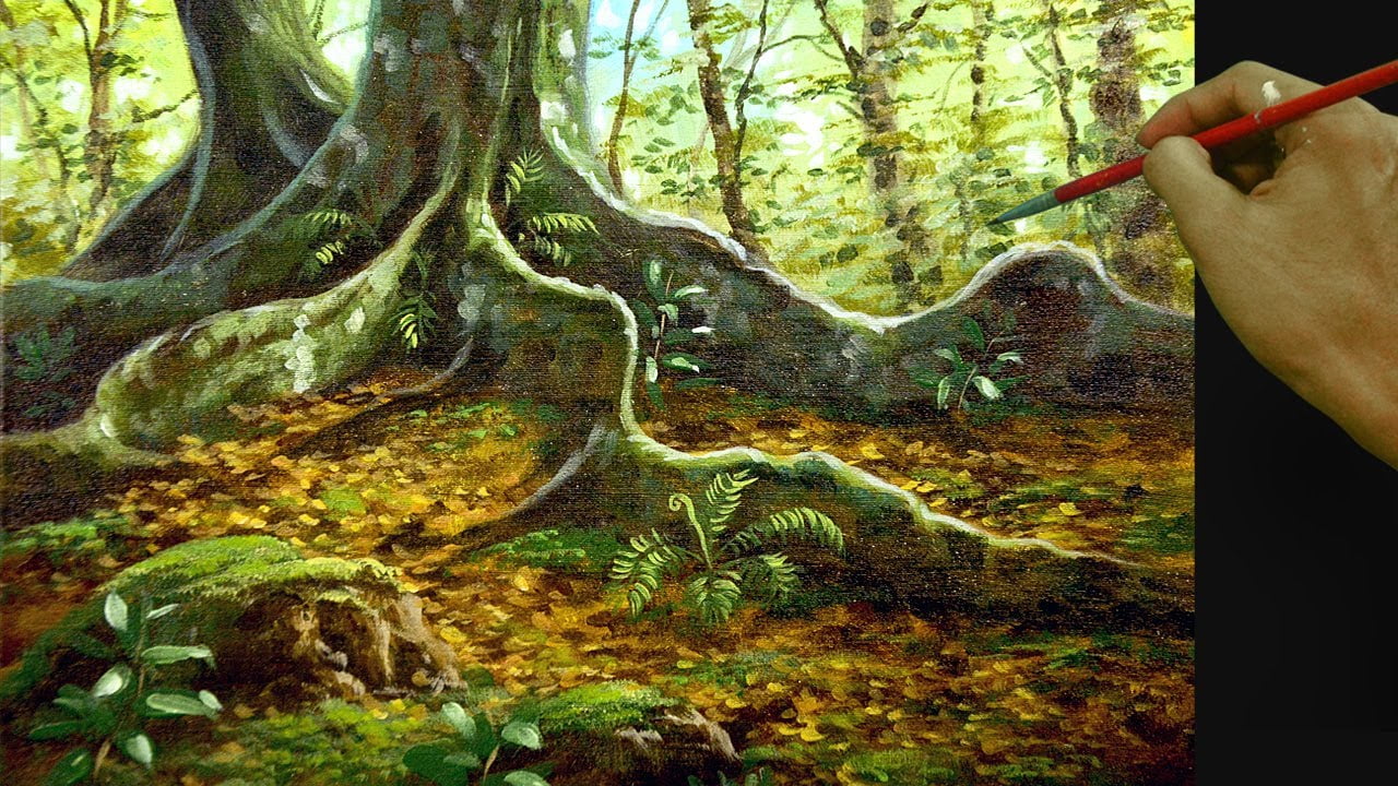How to Paint Tropical Forest Floor with Big Tree / Basic Acrylic Painting Tutorial