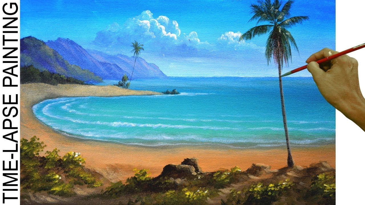 How to Paint a Tropical Beach with Palm Trees | Acrylic Painting in Time lapse