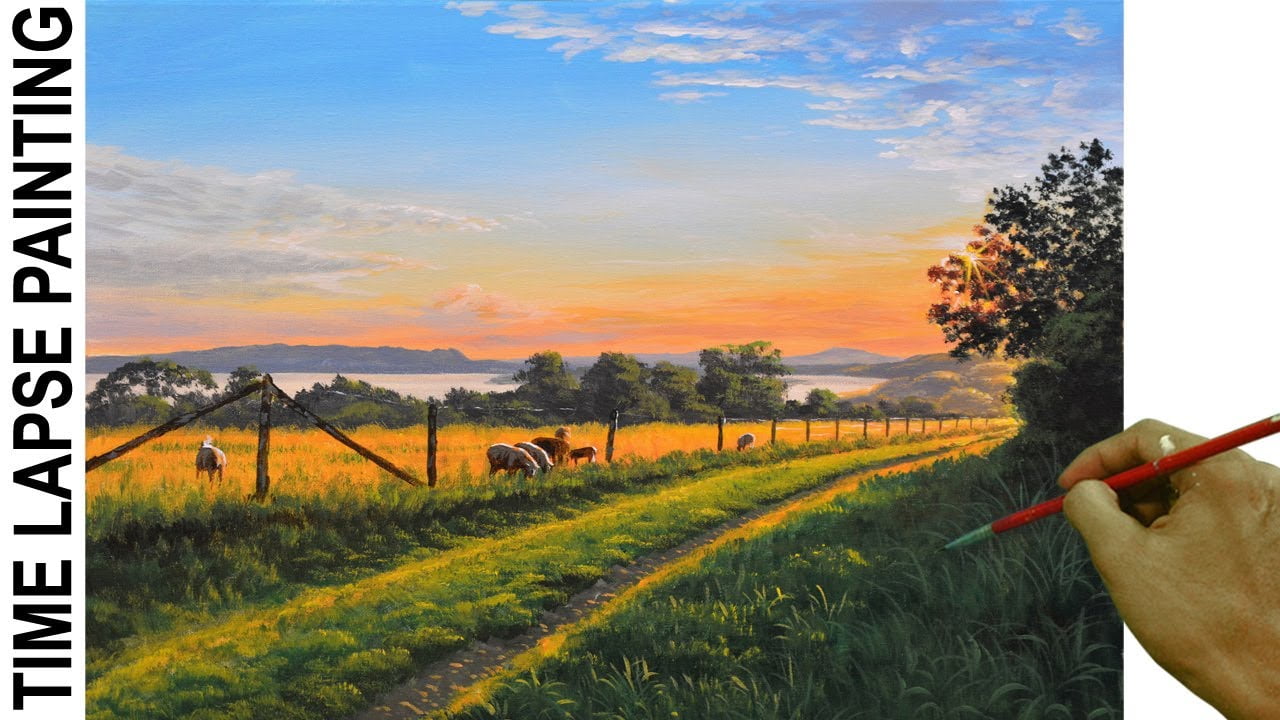 Landscape Painting in Time-Lapse | Sunrise on Animal Field | Paint with JmLisondra
