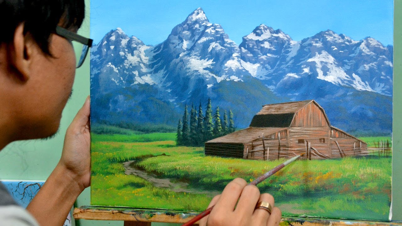 STEP by STEP Rustic Barn Landscape with Snowy Mountain | Painting Tutorial in Acrylics