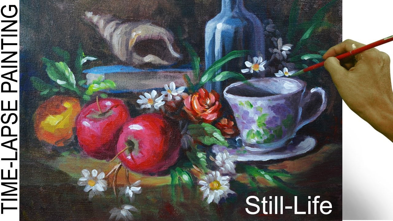 Still Life Painting with Apples and Coffee Mug Impressionist Acrylic Painting in Time Lapse