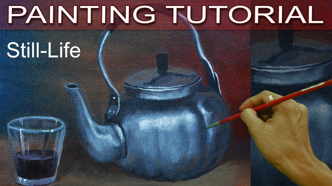Still Life with a Silver Teapot and Glass Cup in Real Time Acrylic Painting Tutorial by JM Lisondra
