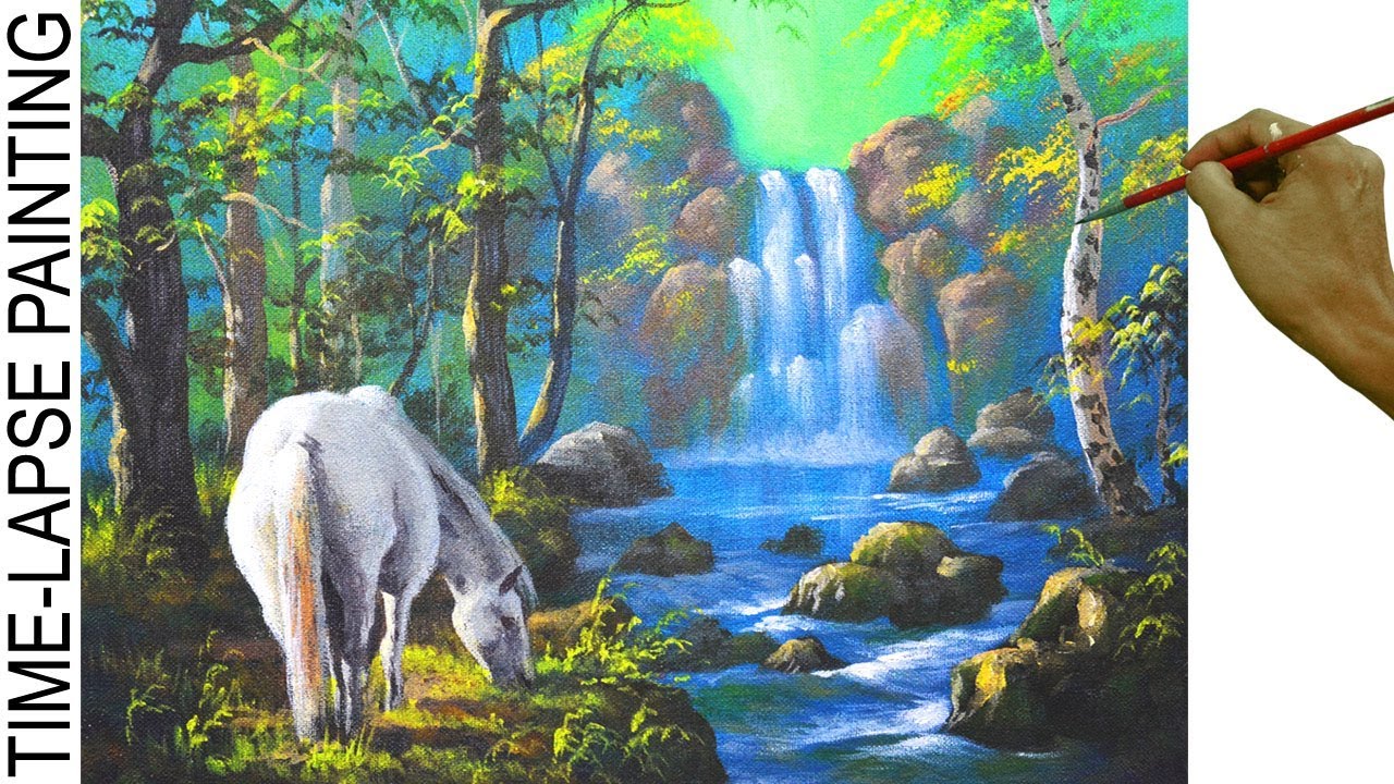 White Horse and the Waterfall | Acrylic Painting Tutorial in Time Lapse by JM Lisondra